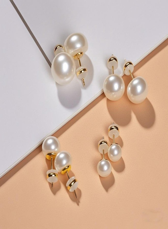 Sanglarst 4 Pairs Pearl Stud Earrings 14K Plated Gold Sterling Silver Hypoallergenic Earring stud Flat Round Large size pearl 8mm-14mm Set Earrings for women - Image 4